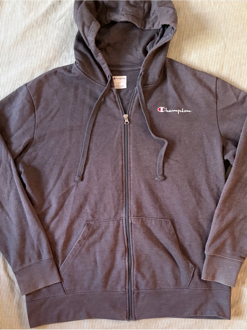 Champion Hoodie in Charcoal Gray with Red & White Logo